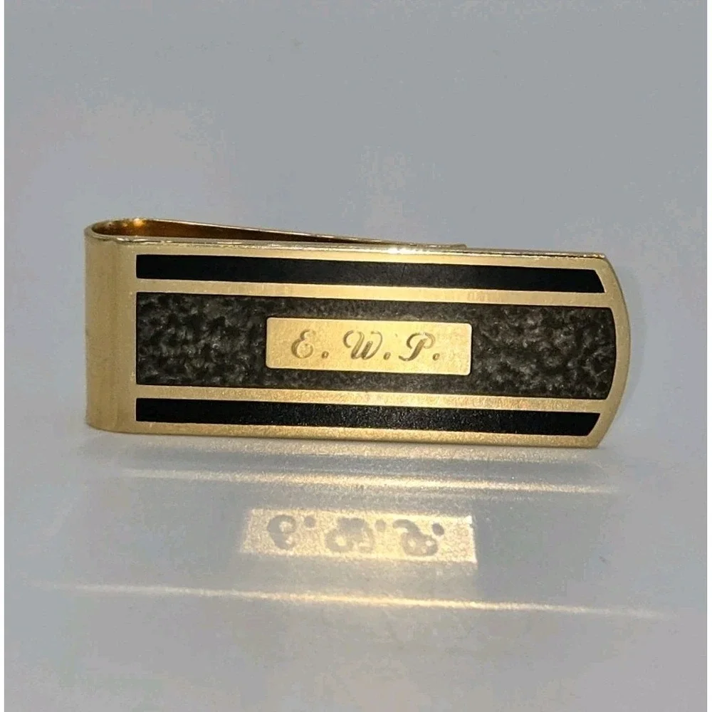 Kelly Waters Vintage Gold Plated Black & Grey Colored Money Clip Made‎ In USA